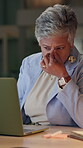 Headache, night and mature woman in office, laptop and working late for deadline, tired and burnout. Exhausted, editor and proofreading of manuscript for ebook, migraine and fatigue of employee