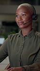 Customer care, consultant and black woman in office at night with online support for quality assurance. Contact us, help desk and African female cal center agent with escalation procedure for crm.