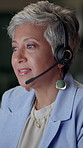 Call center, agent and mature woman in office at night with online support for quality assurance. Contact us, help desk and customer care consultant with escalation procedure for crm consultation.