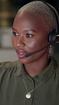 Call center, consultant and black woman in office at night with online support for quality assurance. Contact us, help desk and African female customer care agent with escalation procedure for crm.