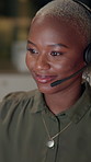 Call center, communication and black woman in office at night with online support for quality assurance. Contact us, help desk and African female customer care agent with escalation procedure for crm