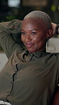 African, business woman and relax with stretching, satisfied and results for project management or progress report. Female person, office and night in working late, research and schedule at company