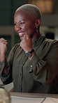 Black woman, celebrate and success in office for business, excited or winner at night. Female consultant, happy or fist pump at desk for commission bonus, positive feedback or promotion in department