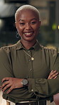 Face smile, black woman and arms crossed for business commitment, professional job and work in office. African lady, corporate portrait and happy employee with pride, company growth and empowerment