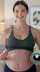 Pregnant woman, smile and portrait in home for fitness, yoga mat and water for hydration. Happy, future mom and positive mental health in pilates for healthy body, baby care and enjoy maternity leave