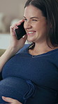 Happy woman, pregnant and conversation with phone call for maternity, motherhood or telehealth at home. Female person or soon to be mom talking with smile on mobile smartphone  in pregnancy at house