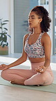 Meditation, woman and yoga fitness at house for spiritual healing, breathing exercise and mindfulness of health. Girl, pilates and zen practice of calm performance, holistic care and peace wellness