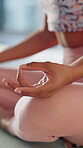 Meditation, hands and person for yoga at house for spiritual healing, fitness exercise and mindfulness of health. Woman, pilates and zen practice of calm performance, holistic care and peace wellness