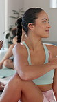 Woman, stretching and fitness with yoga at gym for spiritual healing, mindfulness and breath exercise of wellness. Active, people and calm for pilates class, mental health and zen balance in morning