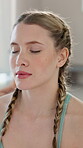 Woman, class and eyes closed for meditation peace with self care, calm and mindfulness.Female person, face and concentrate or serious with zen for wellness, wellbeing and mental health on break