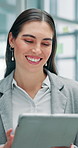 Tablet, research and businesswoman in office with finance forecasting report for future revenue growth. Reading, digital technology and female financial chief analyzing investment account for profit.