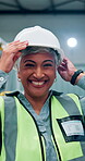 Face, happy woman and engineer with helmet in factory for work safety, protection and shipping logistics. Portrait, hardhat and mature warehouse manager with industrial career experience in Brazil