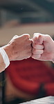 Friends, fist bump and hands of people in office, welcome and greeting in morning for collaboration. Hello, employees and celebration of partnership in corporate, thank you and teamwork of accountant