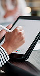 Tablet, hands and person with pen for meeting minutes, schedule and business secretary writing notes. Digital technology, closeup and app for info, summary and agenda for discussion memo at startup