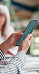 Cellphone, hands and businesswoman typing email for annual budget report with expenses, profit or revenue. Phone, office and female financial analyst with communication for company finance growth.