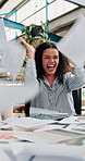Office, meeting and woman with paper in air for interior design, planning and success of project. High five, applause and excited person with celebration for renovation, achievement and sales goals