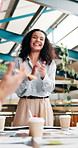 Applause, celebration and businesswoman in meeting at office for team achievement with finance reports. Documents, clapping hands and female financial advisor cheering for company revenue increase.