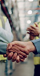 Deal, people and handshake in agreement on logistics, quality control or stock management with applause. Team, inspection and negotiation for freight, supply chain or shipping company in partnership