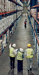 Back, people and quality control in warehouse for logistics, manufacturing and stock management for delivery. Group, inspection and packaging for freight, supply chain or shipping company in industry