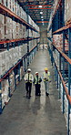 Group, inspection and quality control in warehouse for logistics, manufacturing and stock management for delivery. Team, people and packaging for freight, supply chain or shipping company in industry