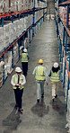 Factory, people and quality control in warehouse for logistics, manufacturing or stock management for delivery. Staff, inspection and safety for freight, supply chain or shipping company in industry