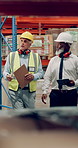 Mature men, walking and quality control in warehouse for logistics, manufacturing and stock management for cargo. Team, inspection and packaging for freight, supply chain or shipping company in store