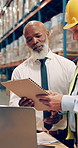 People, talk and clipboard with laptop in warehouse for inspection, quality control and shipping information. Team, tech and checklist for stock management, logistics and supply chain of e commerce