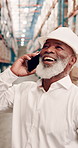 Phone call, talking and mature man in warehouse, laughing and conversation for stock, order and industry. Shipping, communication and black person with smartphone, logistics and distribution manager