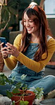 Woman, phone and happy at plants for photography, social media update or flora identification app. Smile, mobile or influencer at home for horticulture channel, content creation or tips for followers