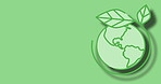 Green, globe and eco friendly for world, leaf and sustainability for environment and recycling. Mockup, planet and clean energy with waste management, icon or animation of change and symbol for earth