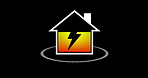 Home, electricity and power charge with battery status to monitor level on smart tech. House, storage or icon animation for energy management, sustainable or lightning bolt on black background mockup