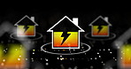 Houses, electricity and power charge with battery status to on smart tech with particle. Home, storage or icon animation for energy management flow, sustainable and lightning bolt on black background