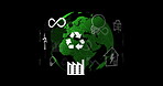 World, recycling and abstract with icon by planet for eco friendly, environment and global sustainability. Green energy, symbol and network with map for renewable, conservation and waste management