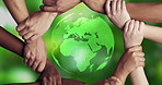 Community, conservation and arms around globe with people on green together for sustainability. Earth day, environment and protection with activist group joined for development or safety of planet