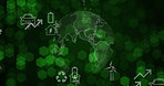 World, recycling and abstract with symbol by planet for eco friendly, conservation and global sustainability. Green, icon and hologram with environment for renewable energy, earth or waste management