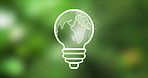 Lightbulb, sustainability and technology with icon on world for environmentally friendly conservation. Agriculture, nature and renewable energy with holographic symbol on green globe for ecology