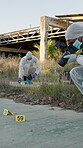 Forensic, outdoor or photographer at crime scene for evidence with hazmat, teamwork or investigation. Csi collaboration, people or marker photography for case research, observation or expert analysis