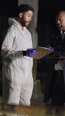 Forensic, detective and documents with discussion at crime scene for ...
