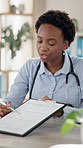 Black woman, doctor and explain with form in office for medical service, terms and condition for surgery consent. Document, paperwork and contract with details for agreement, information or signature