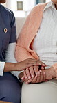 Helping hand, nurse and empathy for support with kindness in nursing home for retirement. Elderly woman, love and senior care in bonding with caregiver, connection and together in health or wellness