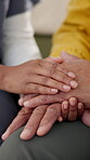 Hands, nurse and empathy for support with kindness in nursing home or retirement. Elderly woman, love and senior care in bonding with caregiver, connection and together in health, helping or wellness