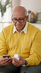 Senior man, telehealth and medication for weekly dose with research, side effects or ingredients. Elderly, male person and reading in retirement home on technology for wellness, diabetes or treatment