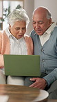 Home, relax and senior couple with laptop, love and conversation with internet, talking and connection. Romance, apartment and old man with mature woman, computer and website info with relationship