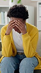 Black woman, head in hands and sad in therapy for crisis, mental health and grief counseling on sofa. Patient, anxiety and stress in psychology with depression, loss and regret for mistake or choice