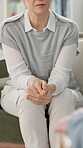 Mental health, senior woman and hands with anxiety in therapy consultation for stress, nervous and ptsd. Psychology, patient and counseling for depression evaluation, worry and trauma body language