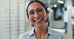 Woman face, optometry and glasses for eye care, medical professional and consultation as optometrist. Female person, spectacles and portrait in clinic or ophthalmology center for size, frame and lens