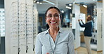 Woman face, optometry and tablet for eye care, medical professional and consultation as optometrist. Female person, spectacles and portrait in clinic or ophthalmology center for size, frame and lens