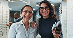 Optometrist, women and face with glasses in store for lens prescription, vision solution and eye care. Happy, people and portrait with medical eyewear, frame decision and wellness service for support