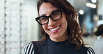 Face,  woman and optometrist with smile, glasses and confidence with career ambition, small business and portrait. Person, happy entrepreneur and consultant for eyewear, optician and clear vision