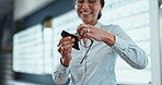 Woman, optometry and cleaning glasses as optometrist for eye care, medical professional and consultation. Female person, spectacles and smile in clinic or ophthalmology center for size, frame or lens